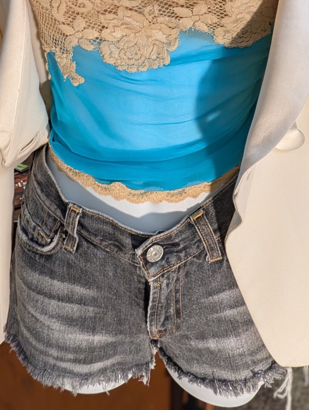 7 For All Mankind Gray Denim Jean Shorts with Yellow Stitching Detail